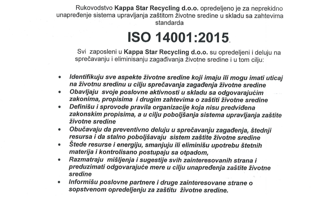 Politika kvaliteta – ISO 14001